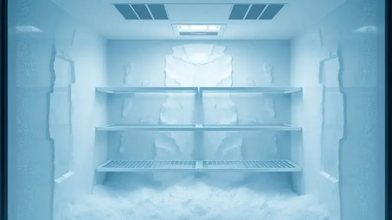 Ilustração conceitual de acúmulo de gelo no congelador e seus efeitos no consumo energético
