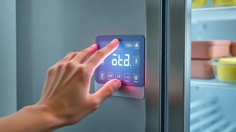Ilustração 3D mostrando processo conceitual de ajuste de temperatura em painel digital de geladeira