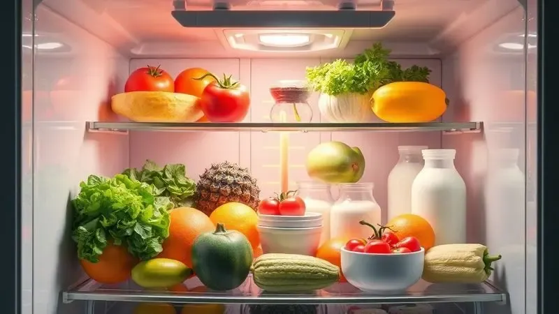 Alimentos frescos sendo preservados na temperatura ideal dentro de uma geladeira conceitual
