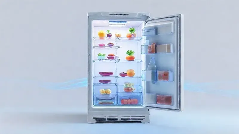 Ilustração conceitual do interior de uma geladeira moderna, destacando a organização do espaço interno e a tecnologia de refrigeração.