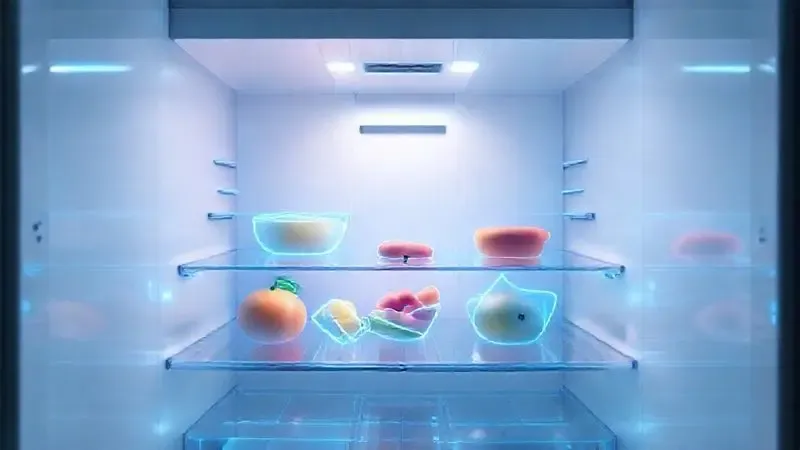 Ilustração conceitual da tecnologia de refrigeração avançada em uma geladeira moderna, mostrando o fluxo de ar frio sobre os alimentos.