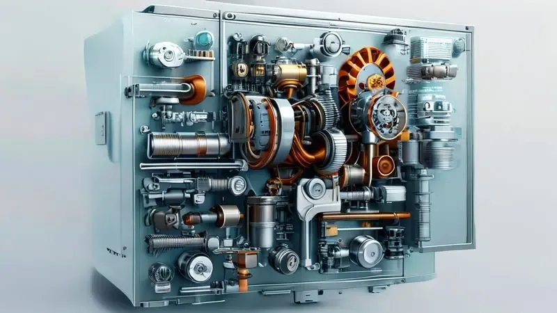 Visão explodida do compressor mostrando componentes internos: motor, pistão, virabrequim e sistema de lubrificação.