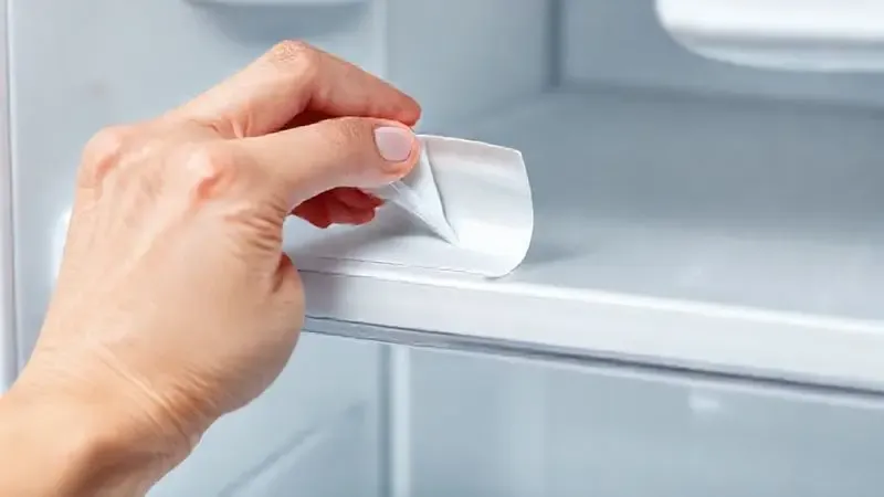 Renderização detalhada de uma mão aplicando cuidadosamente uma camada fina de adesivo na borracha de vedação da geladeira.