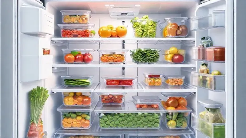 Ilustração conceitual do interior de uma geladeira organizada, mostrando o amplo espaço de armazenamento e compartimentos para frutas e vegetais.