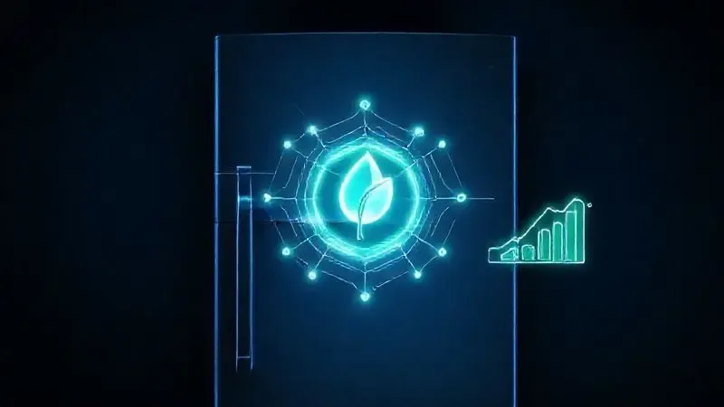 Arte conceitual digital de geladeira com circuitos luminosos e símbolos de economia de energia, representando a Inteligência Artificial.