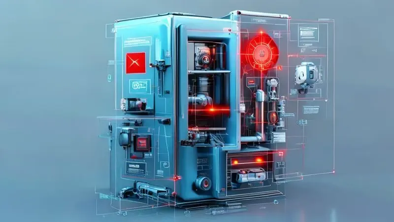 Diagrama técnico 3D de componentes internos da geladeira com indicadores de problemas