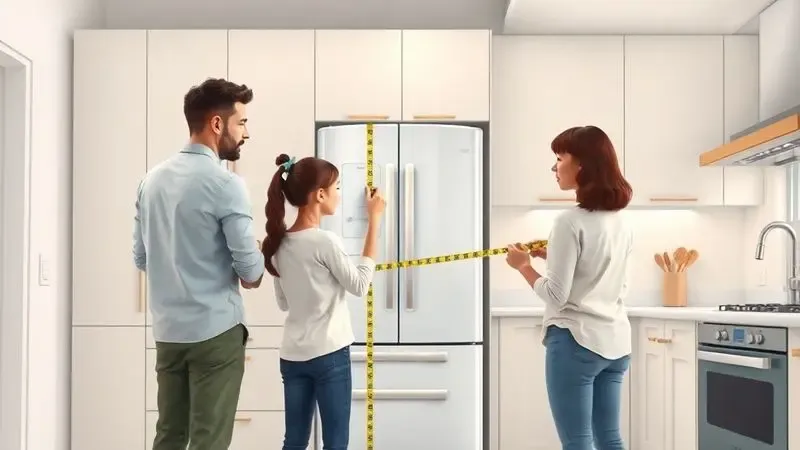 Família medindo espaço da cozinha para planejar compra de geladeira ideal