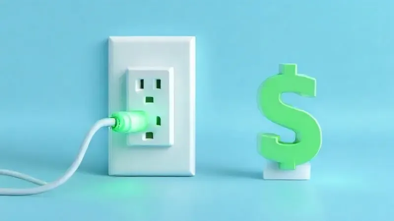 Ilustração digital realista de um plugue de energia verde e uma conta de luz baixa, simbolizando o baixo consumo energético da geladeira.