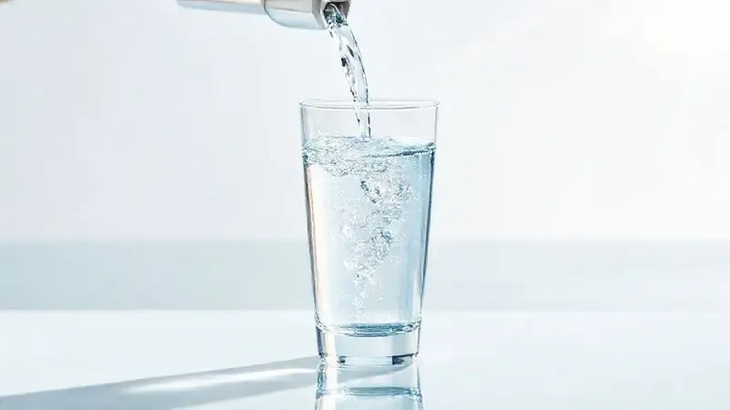 Água cristalina e pura sendo servida de um purificador, simbolizando saúde, frescor e os benefícios da água filtrada.