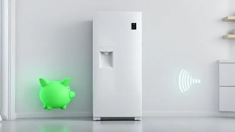 Render 3D conceitual mostrando os benefícios de uma geladeira inverter: um cofrinho simbolizando economia de energia e um ícone de som baixo para operação silenciosa.