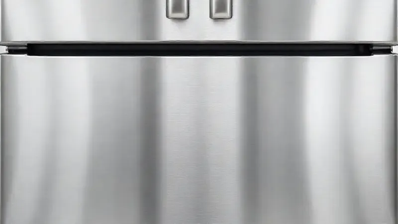 Imagem conceitual e macro da superfície de aço inoxidável (inox) de um refrigerador, refletindo limpeza e modernidade.