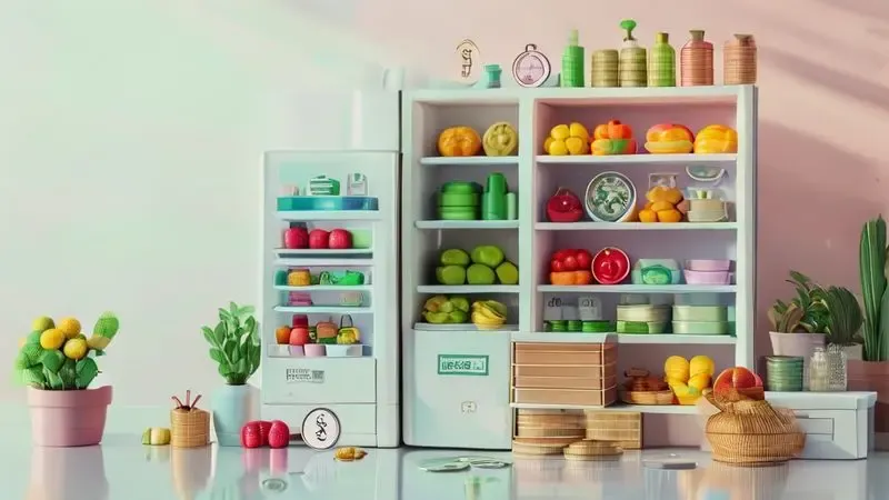 Ilustração conceitual mostrando os benefícios de organizar a geladeira para saúde e economia doméstica