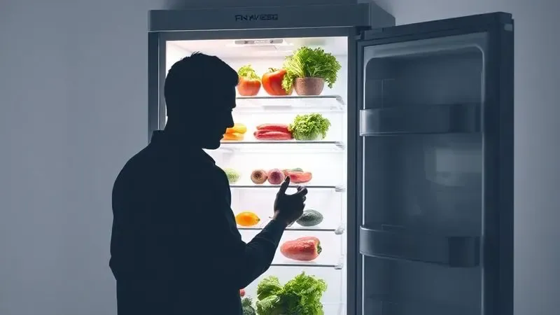 Ilustração conceitual de uma pessoa pegando alimentos da parte superior de uma geladeira inverse, destacando a praticidade e os benefícios do modelo.