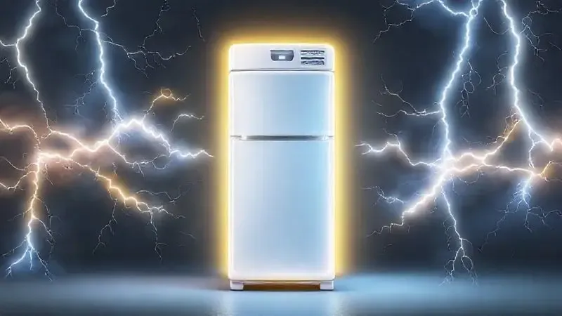 Geladeira protegida por um escudo de energia simbolizando os benefícios da estabilidade contra picos elétricos.