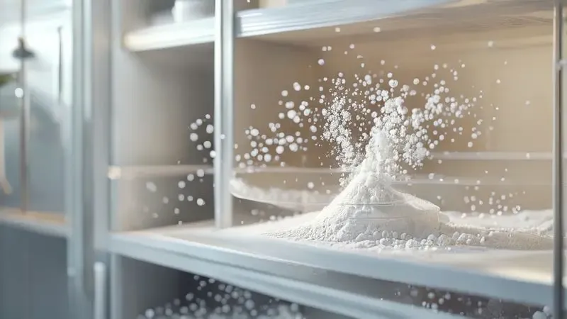Ilustração conceitual do bicarbonato de sódio neutralizando odores dentro da geladeira