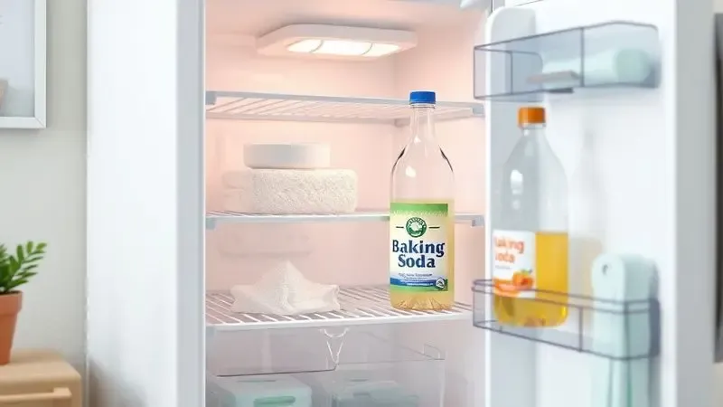 Ilustração conceitual do uso de bicarbonato e vinagre para limpar a geladeira de forma natural.