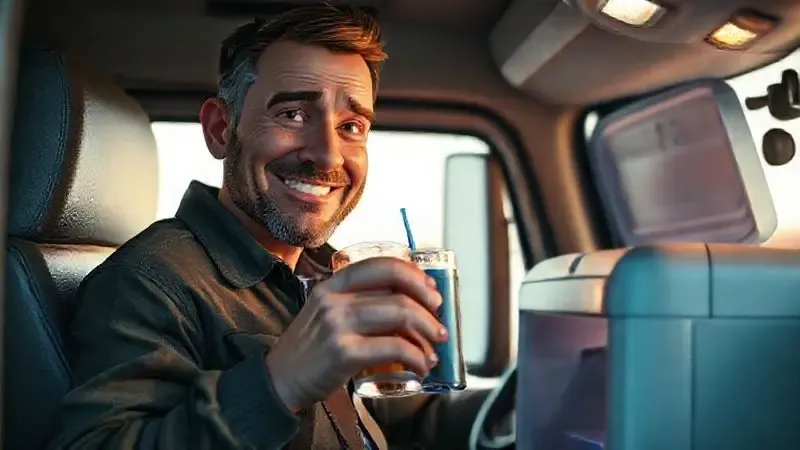 Ilustração de caminhoneiro sorrindo com bebida gelada, evidenciando o benefício de investir em uma geladeira portátil.
