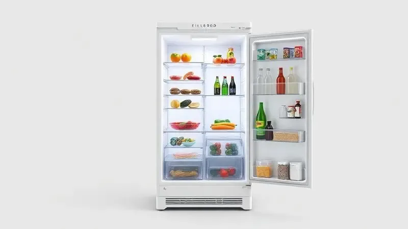 Ilustração conceitual mostrando o interior de uma geladeira com zonas de capacidade e organização de alimentos.