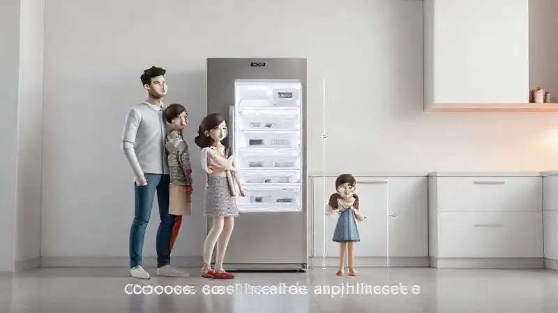 Ilustração 3D de uma família escolhendo o tamanho ideal de uma geladeira frost free para suas necessidades de capacidade.