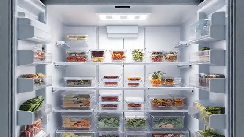 Visualização interna de refrigerador com grande capacidade de armazenamento e prateleiras ajustáveis.