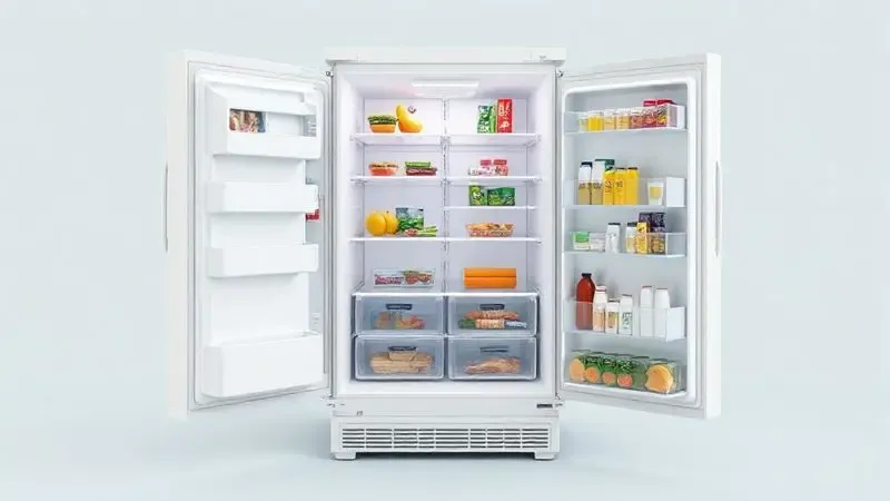 Ilustração 3D mostrando o interior de uma geladeira aberta e organizada, cheia de alimentos, para demonstrar sua grande capacidade de armazenamento.
