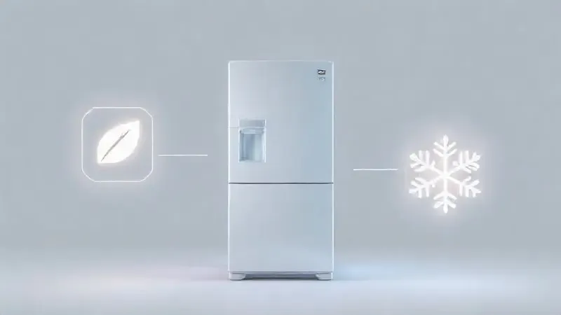 Ilustração com ícones de características importantes de uma geladeira: eficiência energética, conectividade smart e tecnologia de refrigeração.