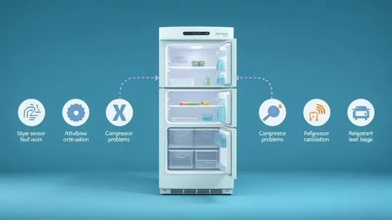Diagrama conceitual ilustrando as 7 principais causas de descongelamento em geladeiras e refrigeradores.