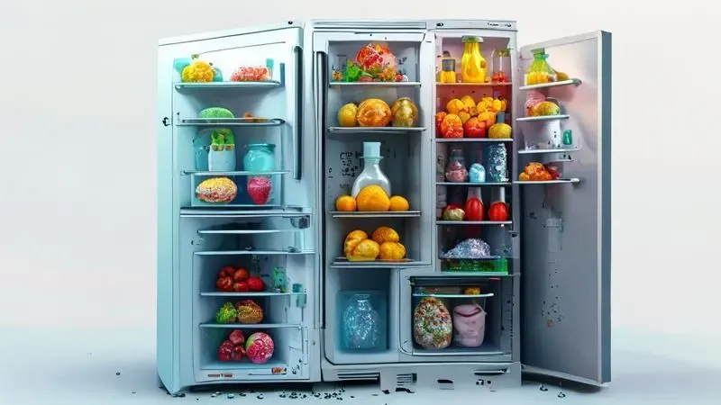Ilustração das principais causas do mau cheiro na geladeira: alimentos estragados, derramamentos e dreno obstruído