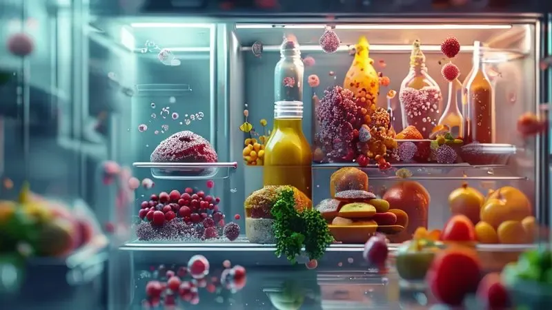 Ilustração conceitual mostrando causas do mau cheiro na geladeira como alimentos estragados e bactérias.