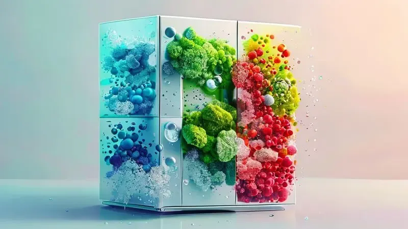 Ilustração conceitual mostrando as causas do mau cheiro na geladeira como alimentos derramados e crescimento de mofo