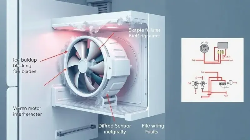 Diagrama ilustrativo das causas mais frequentes de parada do ventilador da geladeira: acúmulo de gelo, motor queimado, falhas no degelo e problemas elétricos