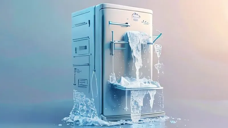 Ilustração do ciclo de degelo da geladeira mostrando formação e coleta de água