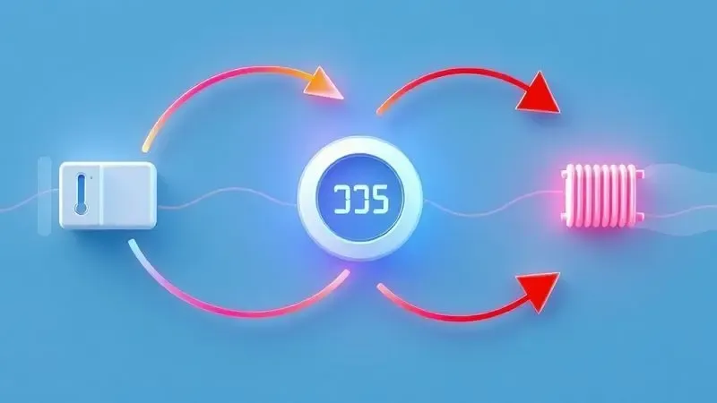 Ilustração conceitual do ciclo de feedback do termostato mostrando sensor, controle e sistema de refrigeração em loop contínuo
