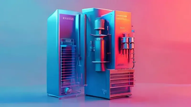 Ilustração conceitual do ciclo de refrigeração de uma geladeira, mostrando troca de calor e componentes