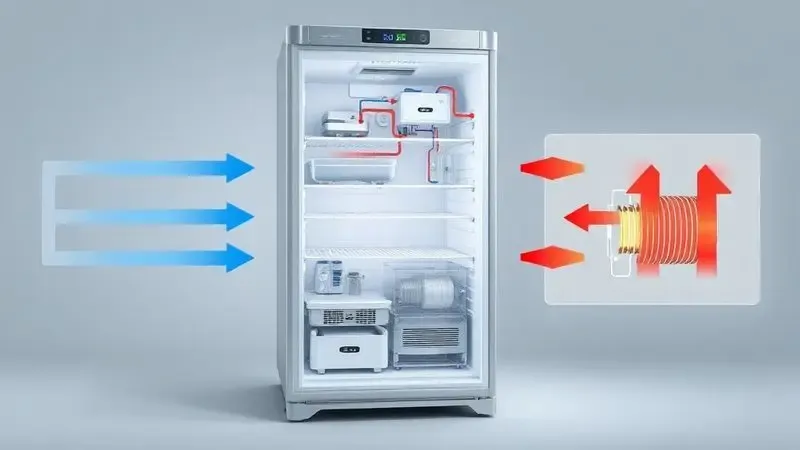 Ilustração conceitual do ciclo de refrigeração mostrando fluxo de calor no compressor da geladeira