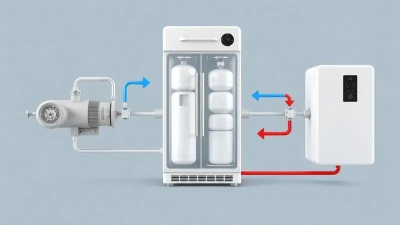 Diagrama conceitual do ciclo de refrigeração da geladeira mostrando o fluxo do gás refrigerante