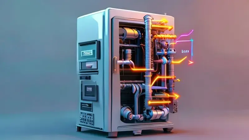 Ilustração conceitual do ciclo de refrigeração de geladeira com problema de bloqueio no sistema