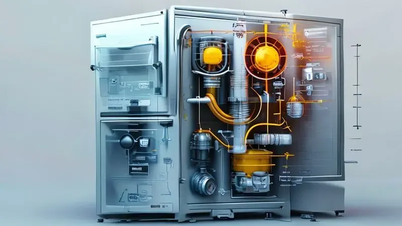 Ilustração conceitual do interior de geladeira mostrando compressor e óleo em repouso.