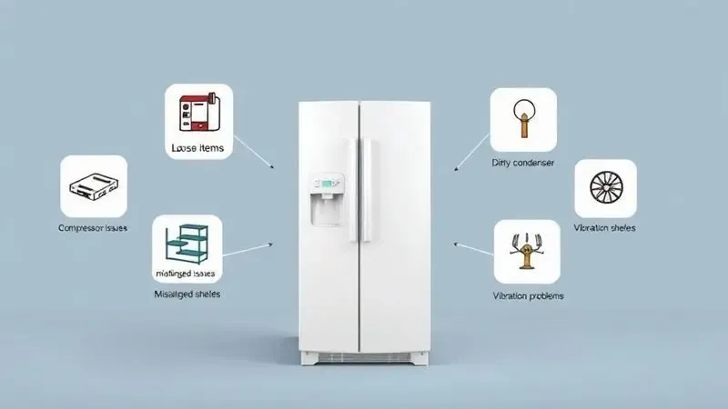 Ilustração conceitual das cinco causas comuns de barulho em geladeiras e suas soluções em estilo infográfico