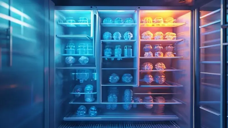 Ilustração conceitual da circulação de ar frio e troca de calor dentro de uma geladeira em funcionamento.