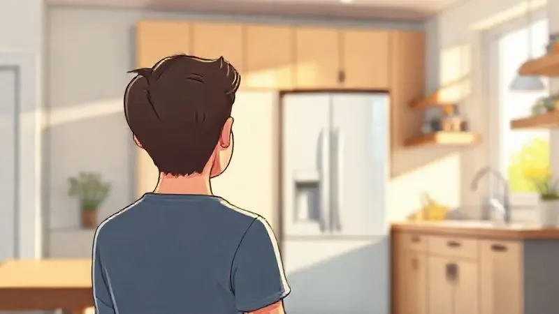Ilustração de uma pessoa em uma cozinha moderna, satisfeita com sua geladeira nova, representando uma boa decisão de compra e custo-benefício.