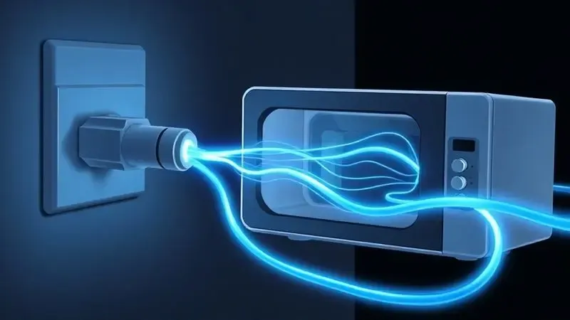 Ilustração digital de um fluxo de corrente elétrica entrando em um aparelho, mostrando seu funcionamento interno.