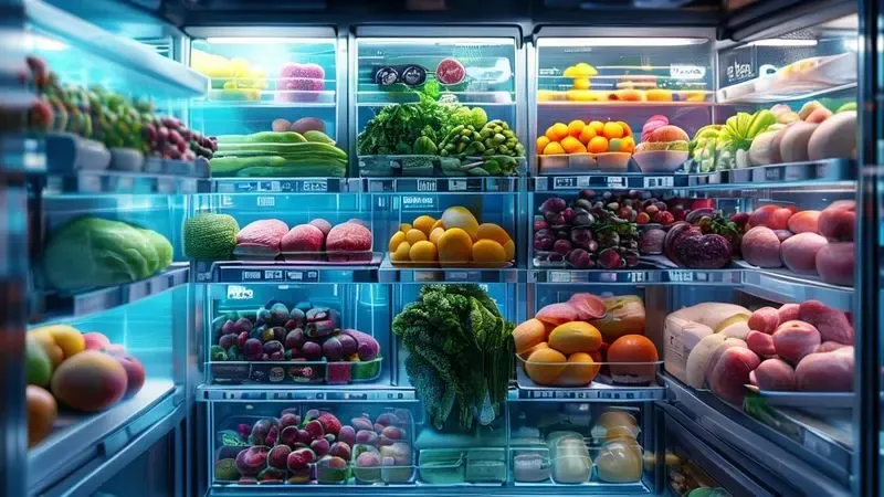 Organização ideal de alimentos dentro de geladeira frost free mostrando zonas de temperatura apropriadas.