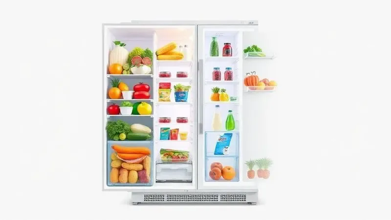 Ilustração conceitual de duas metades de geladeira mostrando a diferença de capacidade necessária para uma família grande versus uma pessoa solteira.