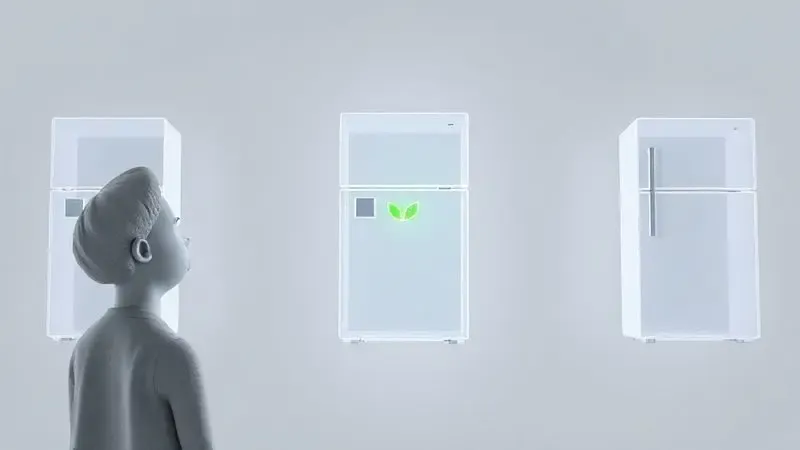 Ilustração de uma pessoa escolhendo entre geladeiras de diferentes tamanhos com um símbolo de eficiência energética.