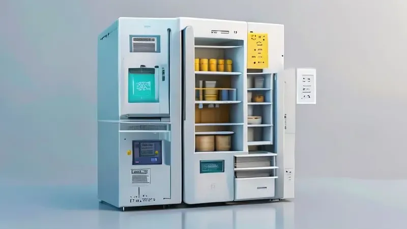 Ilustração conceitual dos critérios para escolher geladeira pequena: dimensões, eficiência energética, layout interno e tecnologia frost-free.