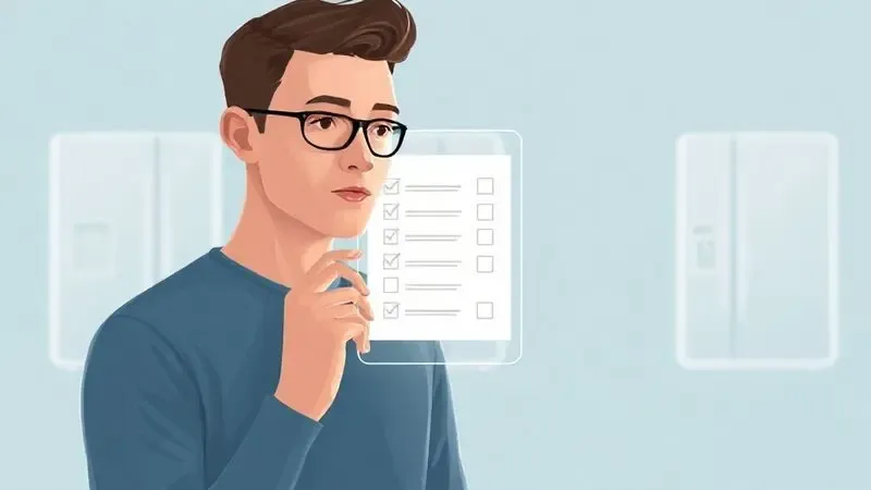 Ilustração de uma pessoa analisando um checklist para escolher a melhor geladeira inverse, com diferentes modelos ao fundo, simbolizando o processo de decisão.