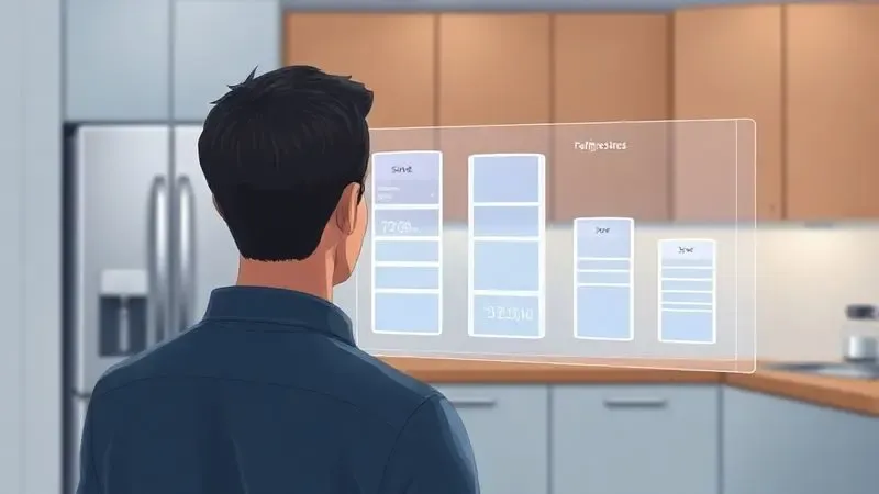 Ilustração de uma pessoa analisando características em uma interface para escolher a melhor geladeira para suas necessidades.