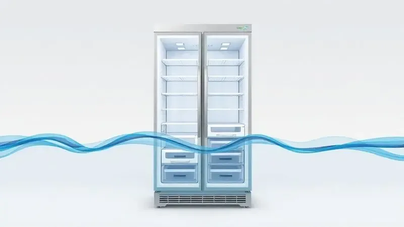 Ilustração conceitual mostrando como funciona uma geladeira side by side com seus dois compartimentos laterais e tecnologia frost-free.