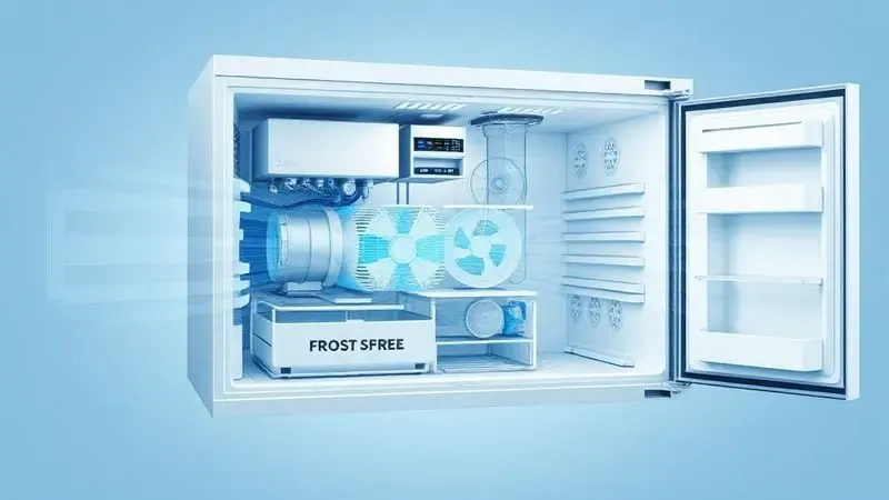 Diagrama ilustrativo mostrando funcionamento interno da tecnologia frost free com sistema de circulação de ar e degelo automático